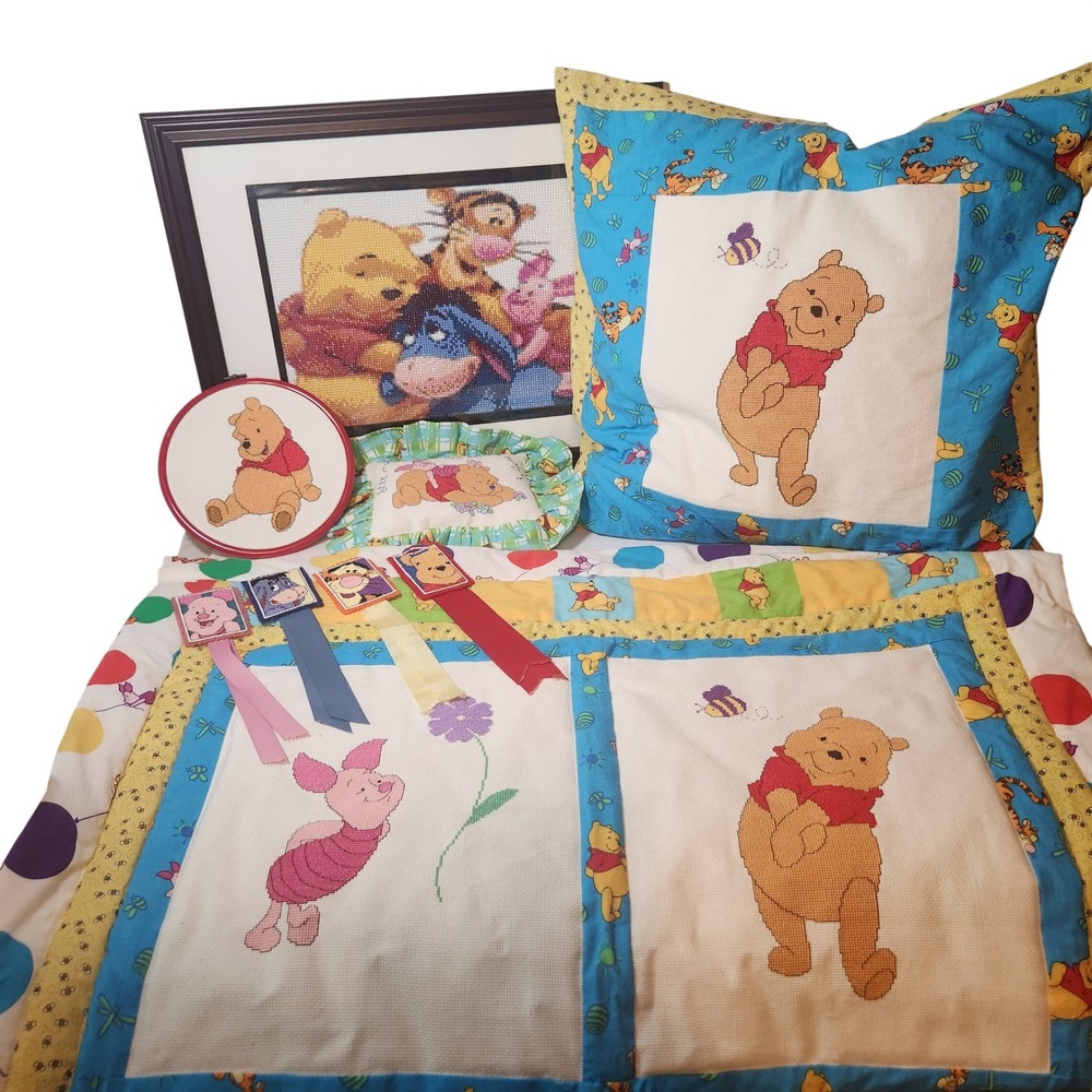 Handmade Disney Winnie Pooh Cross Stitch Nursery DecorSet Quilt Art 9pc 200 hrs